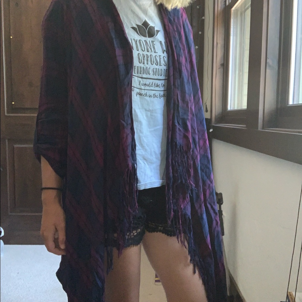 Purple and blue flannel with fringe